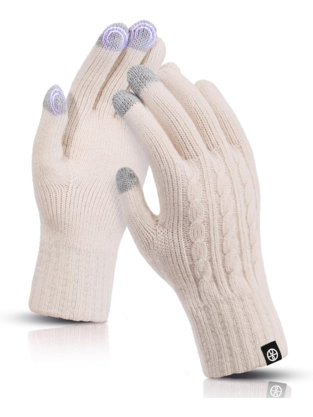 Women's Beige Stretch Touch Screen Thermal Knit Lining Running Driving Gloves